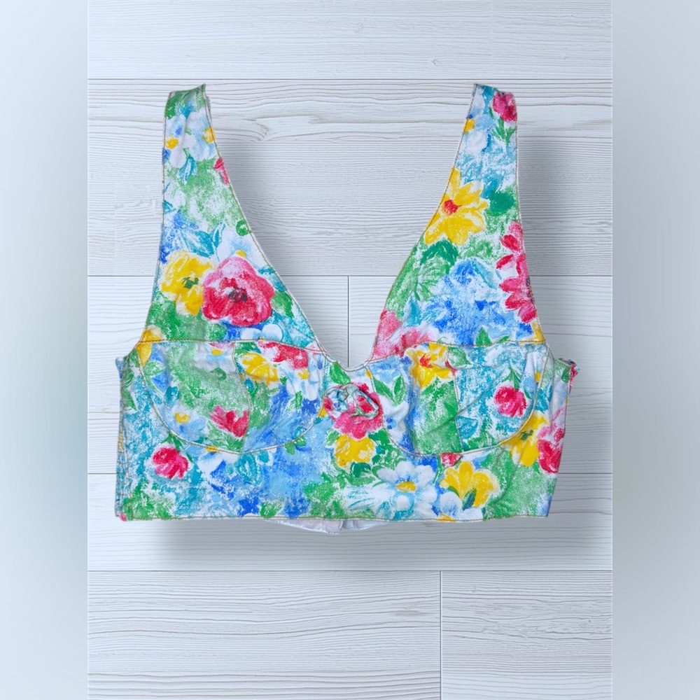 BREAKER JEANS Womens Vintage 80’s Spring Floral Print Bustier Denim Crop Top. - Picture 3 of 10